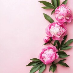 Fototapeta premium Tender peonies on pink background with copy space. Abstract natural floral frame layout with text space. Romantic feminine composition. Wedding invitation. International Women day, Mother Day concept