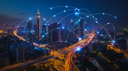 Smart digital city with connection cyber security network reciprocity over the cityscape . future smart wireless digital city and social media networking systems that connects people within the city