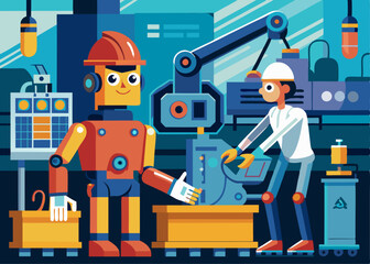 A robot working alongside a human in a high-tech factory, symbolizing automation and innovation.