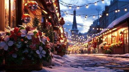 Fototapeta premium Festive Candlemas Market Scene with Stalls and Warm Decorations at Twilight