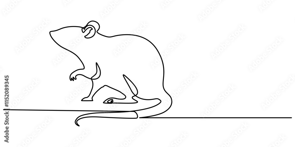 Poster Abstract rat,mouse,continuous one line art hand drawing sketch, Mouse in continuous line art drawing style. Cute small mouse rodent black linear design isolated on white background. Pro Vector.