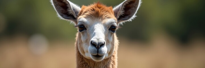 Fototapeta premium A Close-Up Portrait of a Juvenile Guanaco With Intensely Focused Eyes and a Soft Muted Background