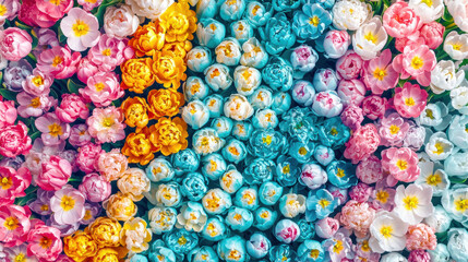 Fototapeta premium Vibrant floral arrangement featuring colorful tulips and peonies in various shades, creating cheerful and lively atmosphere