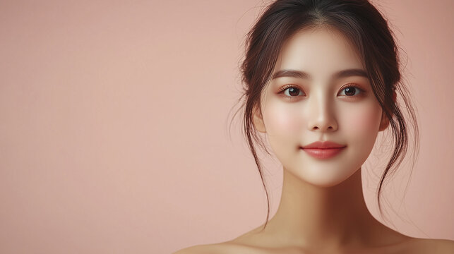 New Year, Christmas minimalist cosmetology banner with copy space, clean background, Asian woman, beauty industry