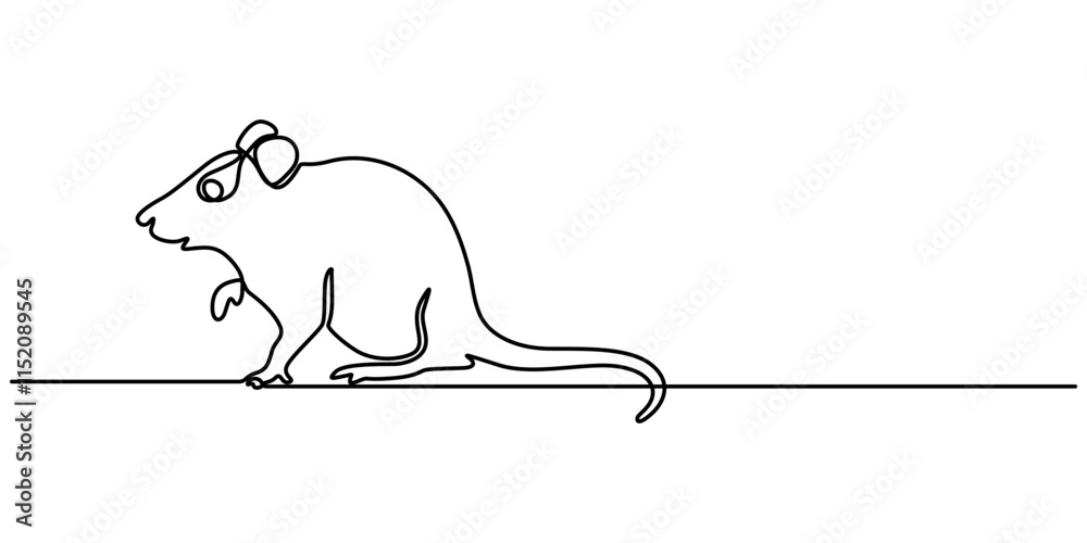 Poster Abstract rat,mouse,continuous one line art hand drawing sketch, Mouse in continuous line art drawing style. Cute small mouse rodent black linear design isolated on white background. Pro Vector.