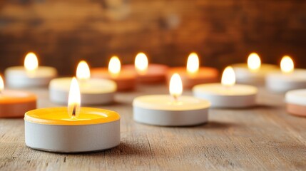 Cozy Candlelit Celebration with Flickering Tealights on Wooden Surface