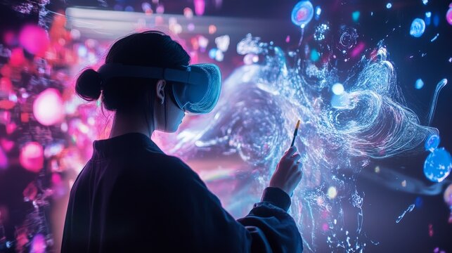 Asian female engaged in virtual reality art with colorful digital elements