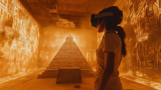 African young female exploring virtual ancient pyramid in vr