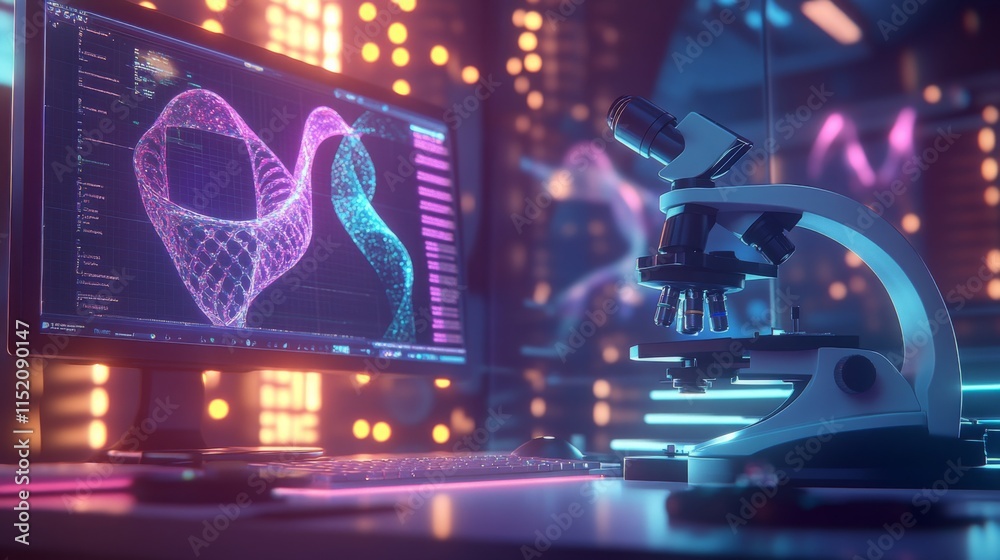 Fototapete A high-tech laboratory features a microscope and a computer displaying intricate biophysical data visualizations.