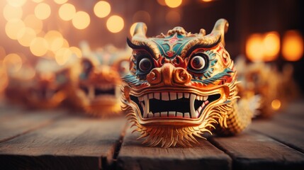 Fototapeta premium Magnificent Golden Dragon Dance Head on Wooden Surface