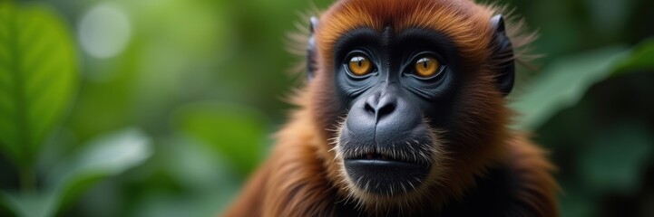 Golden Eyed Primate Stares Intently From Lush Green Forest Background With Its Furry Red-Brown Coat And Dark Black Face