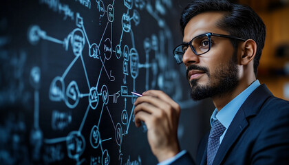 indian businessman working on a board
