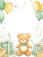 A teddy bear is sitting in front of a bunch of balloons and presents