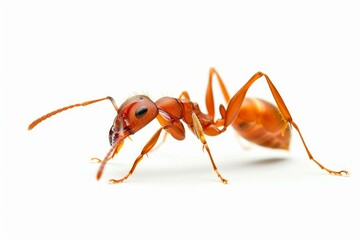 Studio macro shot of a red ant walking on white background