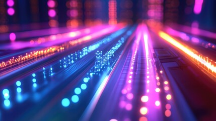 A conceptual design of a microchip circuit board, featuring glowing holographic pathways representing advanced data transfer