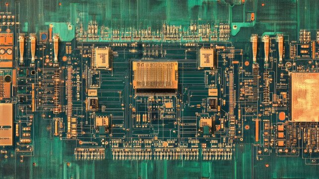 A computer-generated layout of a microchip's internal structure, displaying transistors and capacitors interconnected in precision