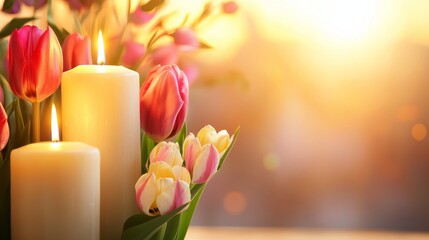 Joyful Candlemas Gathering with Tulips and Candlelight in Soft Golden Glow