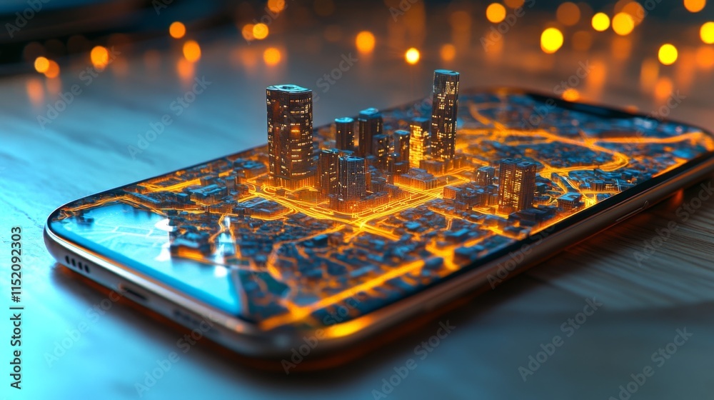 Poster a detailed cityscape model shines on the surface of a smartphone, surrounded by warm glowing lights.