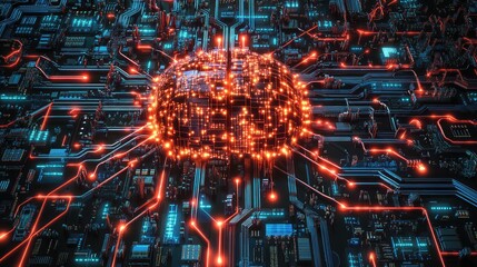 Fototapeta premium A conceptual design of a robot's neural network, showcasing interconnected microchips glowing with processing power