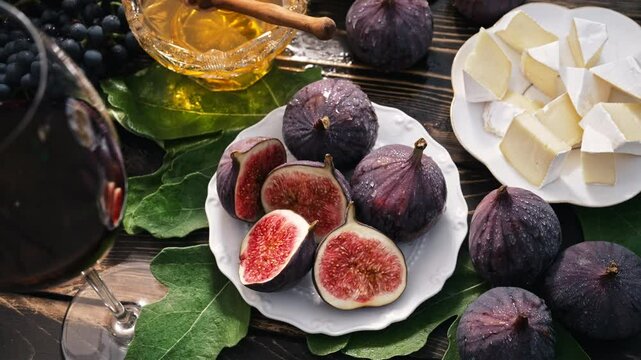 Cheese Platter With Camembert Brie, Healthy Juicy Organic Figs, Honey And Grapes