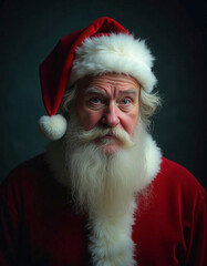 Naklejka premium A man with a red hat and beard is wearing a red Santa suit. He has a serious expression on his face