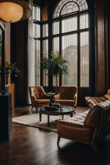 Fototapeta premium Interior Room with Leather Furniture and Large Window