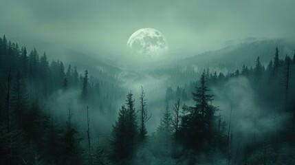 Misty forest landscape at night with a full moon.