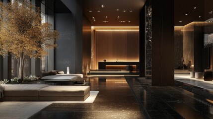 A large, modern lobby with a black and gold color scheme