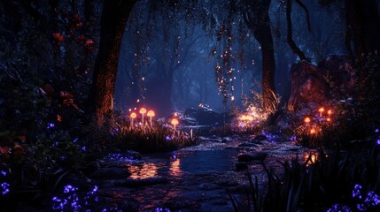 A forest scene with glowing mushrooms and a stream