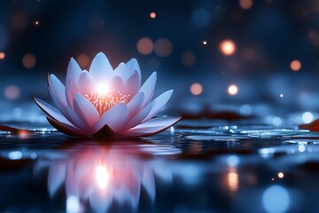 Glowing Water Lily Peaceful Night Bloom Dark Water Reflection