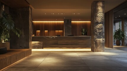 Fototapeta premium A large lobby with a stone wall and a wooden floor