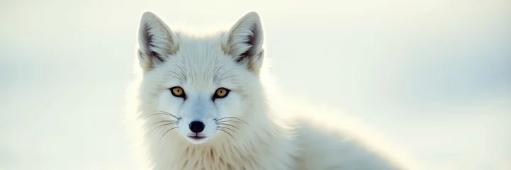 Poster A mesmerizing arctic fox portrait showcasing its luminous white fur and captivating amber eyes against a soft winter background
