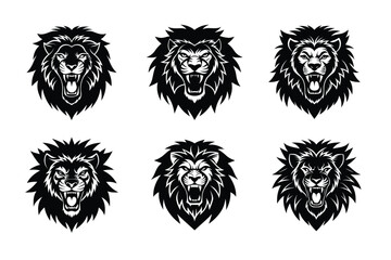 Wild roaring lion king head Silhouette set. Tatto vector illustration