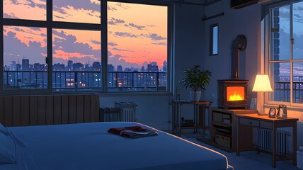 Fototapeta premium bedroom setting with mattress, window, lamp and fireplace.