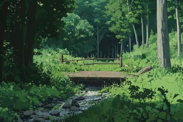 Wooden Bridge Spanning Forest Stream In Lush Green Setting