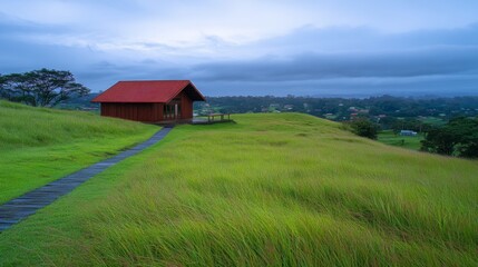 Fototapeta premium Panoramic View of Overcast Landscape with Cabin