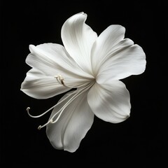 A white flower against a black background, creating a striking contrast that highlights the flower's delicate details and purity.