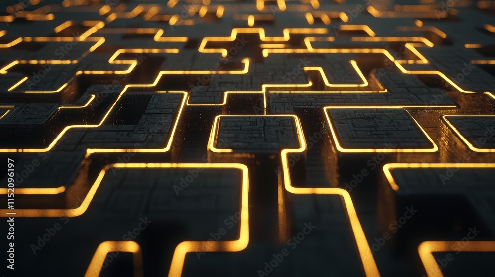 Poster high-tech data nodes interconnecting with glowing paths in a futuristic design