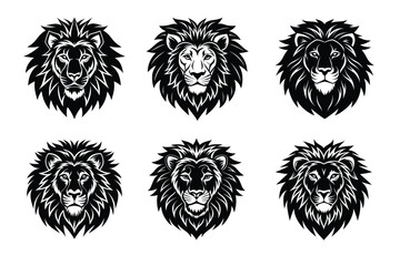 Wild roaring lion king head Silhouette set. Tatto vector illustration