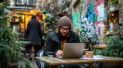 A young entrepreneur with a laptop is working at an improvised table in an outdoor cafe. Behind them is the urban landscape, graffiti, and passersby.