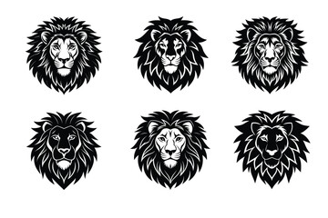 Wild roaring lion king head Silhouette set. Tatto vector illustration