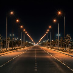Fototapeta premium A wide road illuminated by street lights at night, with a clear view of the well-lit street stretching into the distance.