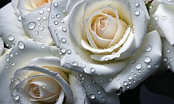 white roses background. floral background. white roses covered with water drops. background for wallpaper design. video cover, postcard