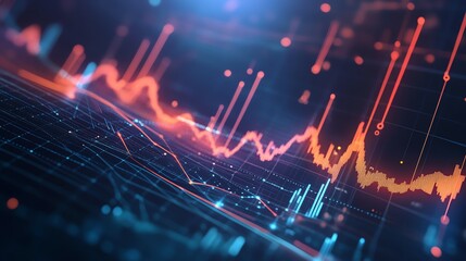 Abstract representation of data analysis with vibrant graphs and fluctuating metrics. Modern digital design.