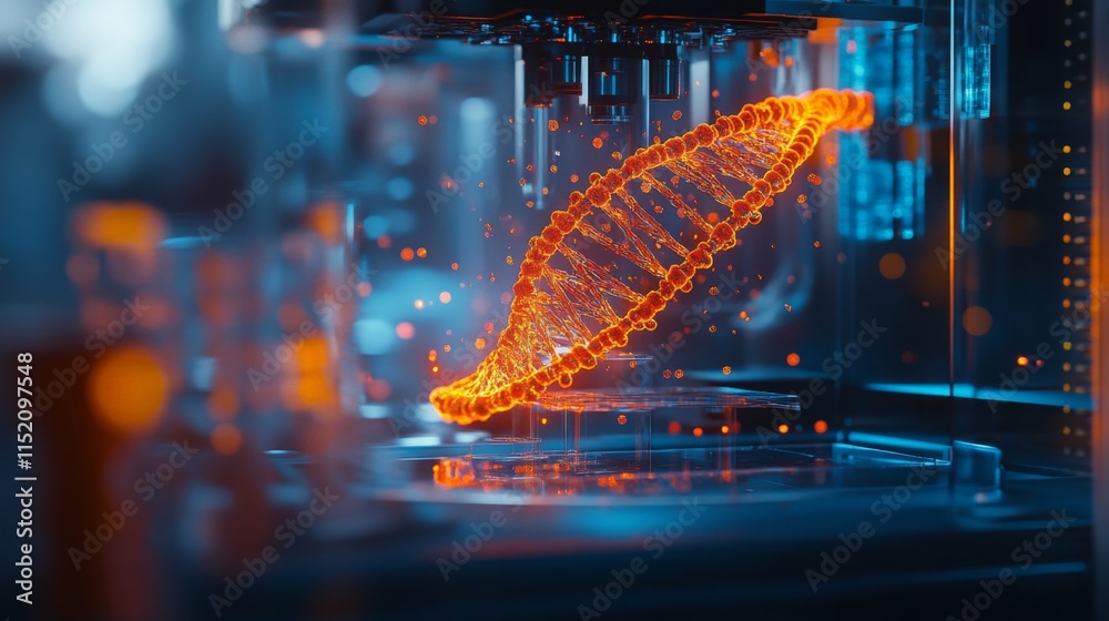 Poster A detailed view showcases a luminous DNA strand rendered by advanced AI technology. This development is part of research aimed at enhancing bio-computing applications and genetic studies.