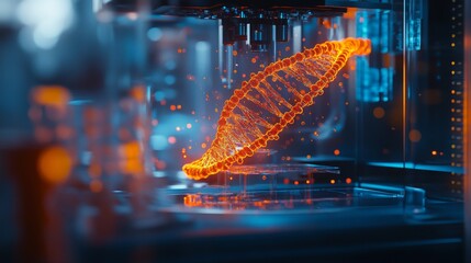A detailed view showcases a luminous DNA strand rendered by advanced AI technology. This development is part of research aimed at enhancing bio-computing applications and genetic studies.
