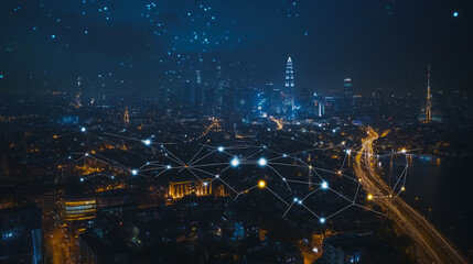 Obraz premium Smart digital city with connection cyber security network reciprocity over the cityscape . future smart wireless digital city and social media networking systems that connects people within the city