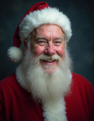 Naklejka premium A jolly old man with a white beard and a red hat with a white pom pom on it is smiling. He is wearing a red shirt and he is in a festive mood