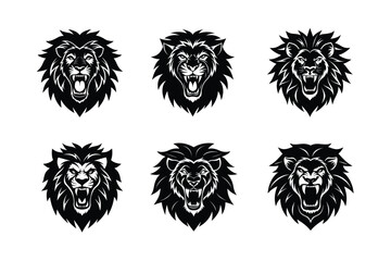 Wild roaring lion king head Silhouette set. Tatto vector illustration