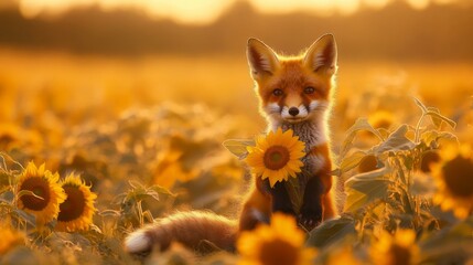 A fox cub with bright red fur sits in a field with sunflowers. He holds one sunflower in his paws, as if hugging it. The background is a golden field with warm sunset light.